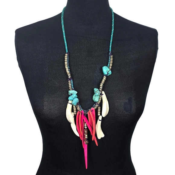 Handmade Tribal Turquoise Wood Silver Bead Bone Artisinal Necklace OOAK - Picture 10 of 14